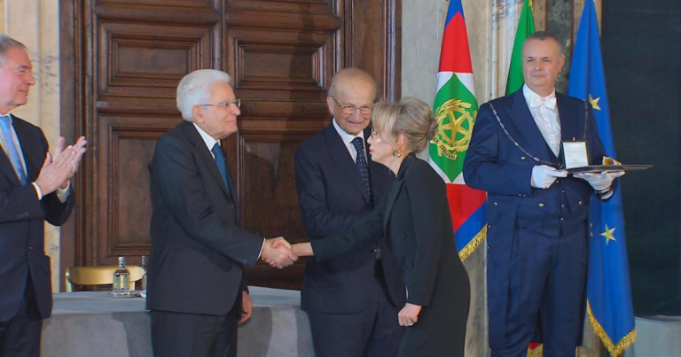 Marina Berlusconi receives the honor of Cavaliere del Lavoro from Sergio Mattarella