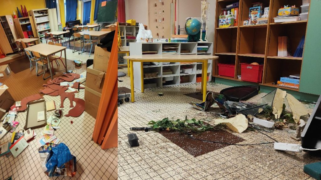 Double photo of the class with the broken aquarium and another with various debris and objects on the floor.