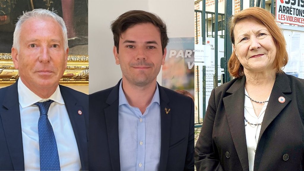 Portrait photos of the three deputies Philippe Ballard, Alexandre Sabatou and Claire Marais-Beuil.