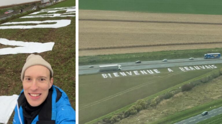 A prankster installs a “Welcome to Beauvais” tarpaulin at Paris Charles-de-Gaulle airport