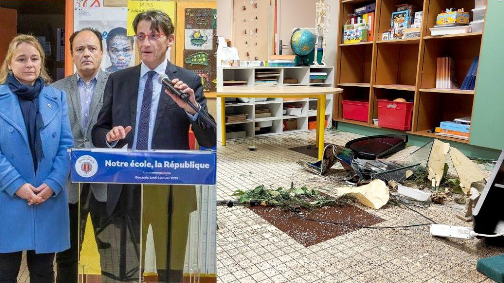 Photo of Franck Pia during his speech and a classroom with the broken aquarium on the floor at the start of the holidays.