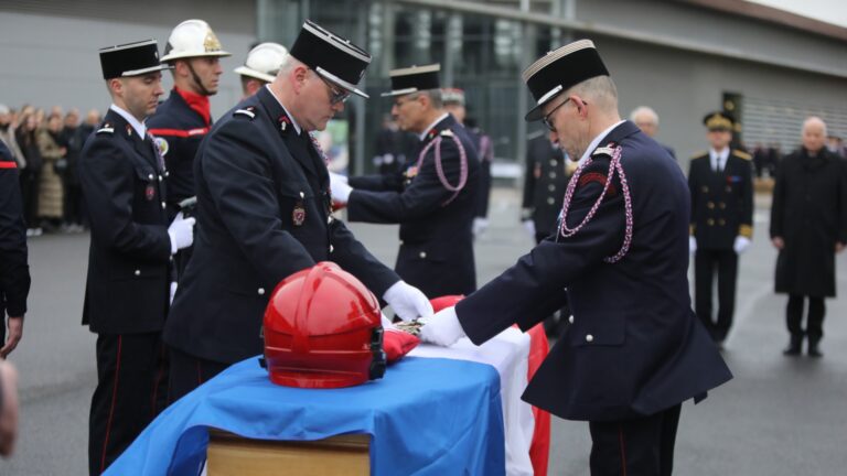 Firefighters paid tribute to Warrant Officer Clément Bally, who tragically died in a road accident