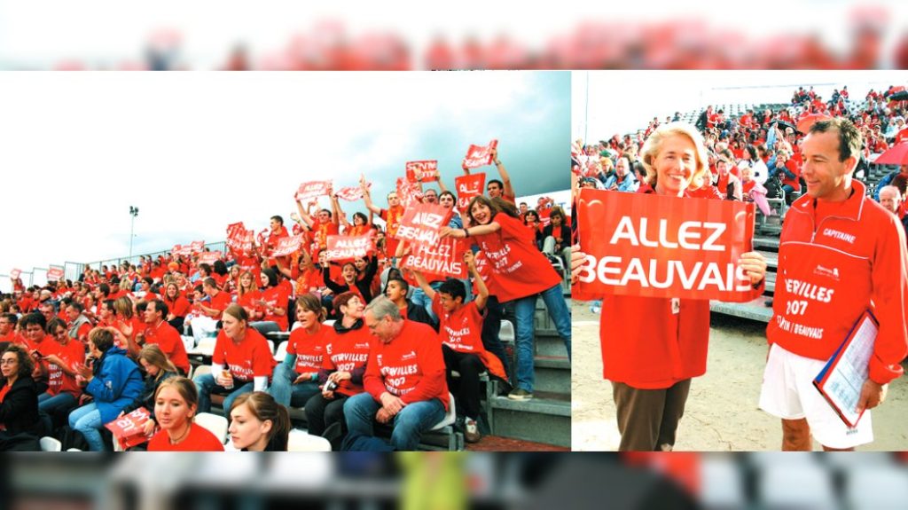 Archive photos of the public and of Caroline Cayeux dressed as a supporter for Intervilles in 2007.