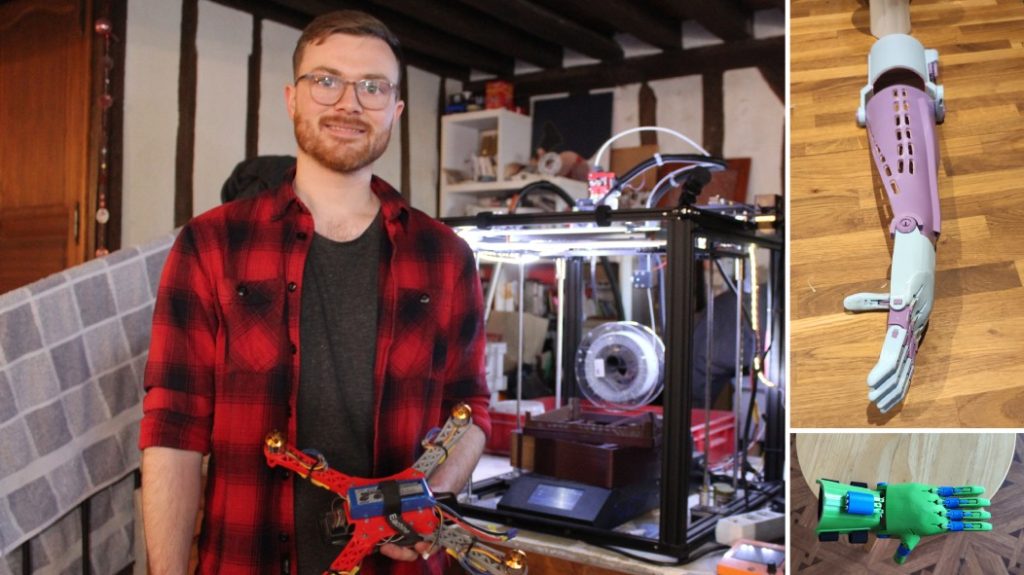 Joffrey Patrelle, 28, manufactures various objects with his 3D printer, including hand and arms prostheses for children with malformation.